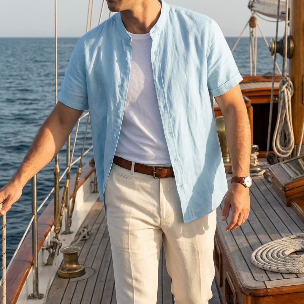 Camisa de lino hombre — cuello banda manga corta — ropa casual playa