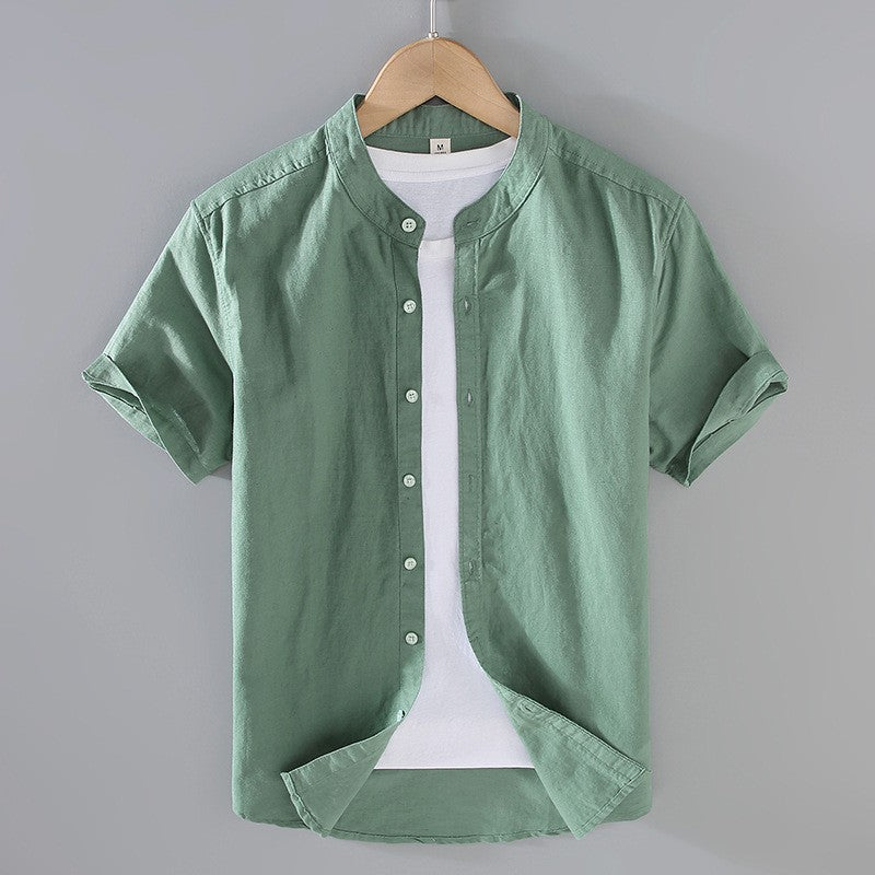 Camisa de lino hombre — cuello banda manga corta — ropa casual playa